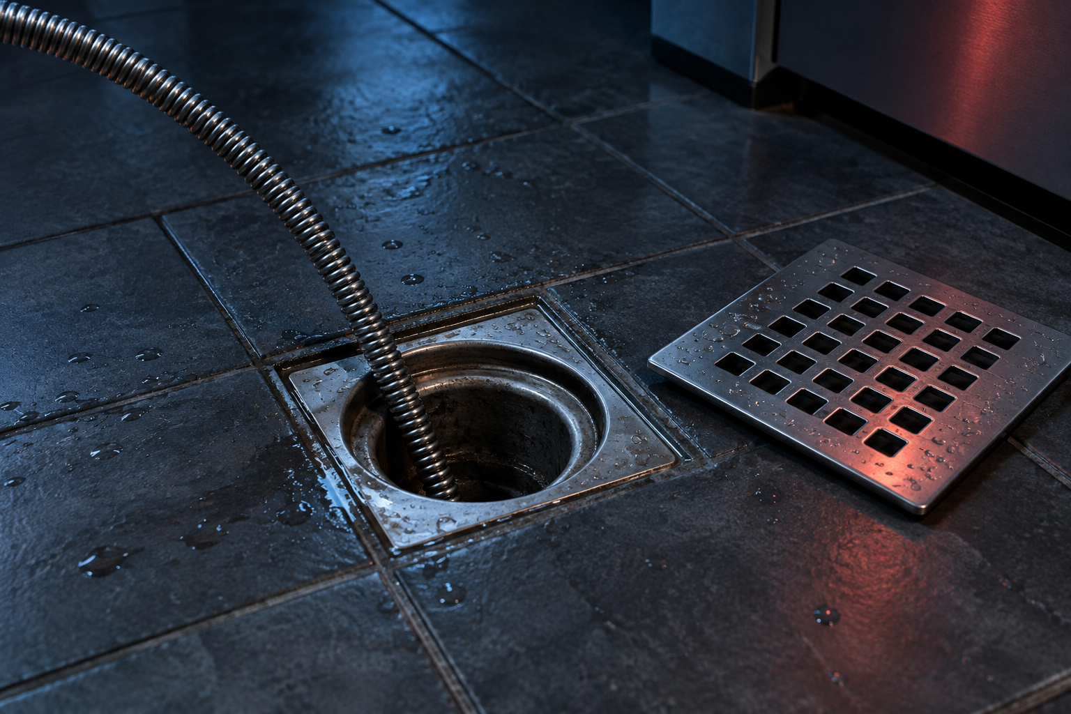 Imagen ilustrativa: cable flexible de destape entrando en un desagüe de piso